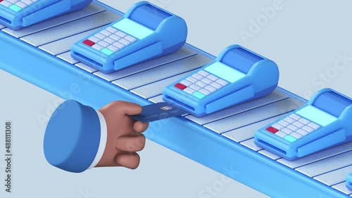 Looping animation of blue POS terminal for payment on conveyor belt. Cartoon character hand with skin holds blue credit card, 3d render with Alpha matte.