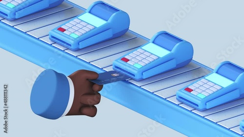 Looping animation of blue POS terminal for payment on conveyor belt. Cartoon character hand with black skin holds blue credit card, 3d render with Alpha matte.