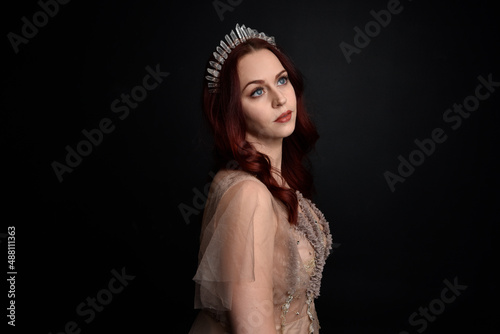 portrait of pretty female model with red hair wearing glamorous fantasy tulle gown and crown. Posing with a moody dark background.