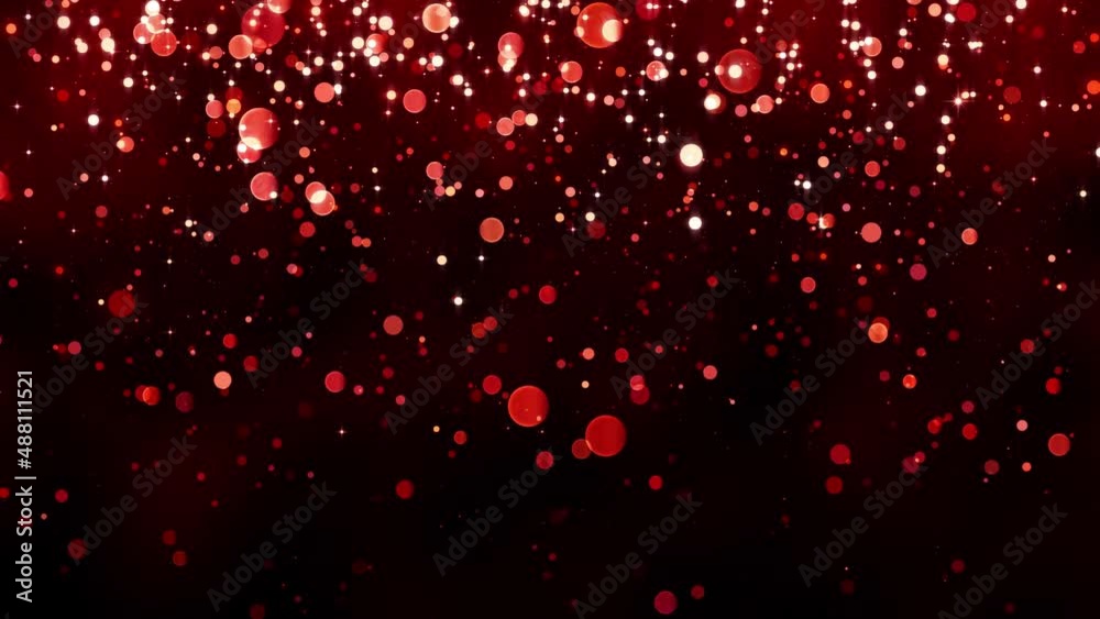 Background with falling particles of red gold glitter. Rain of red confetti, magic light, golden glitter, glamour. Beautiful animated christmas, valentines day background. Seamless loop
