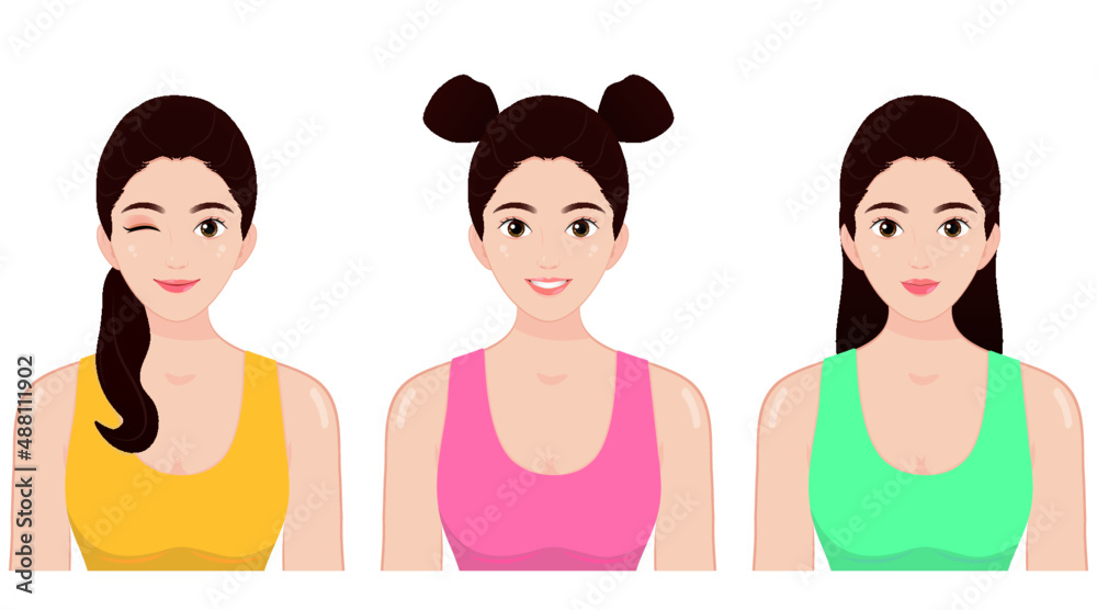 Beauty portrait of three young asian women black hair light skin young woman face body make up skin care beauty concept Beauty portrait of three young asian women black hair light skin young woman face body make up skin care beauty concept