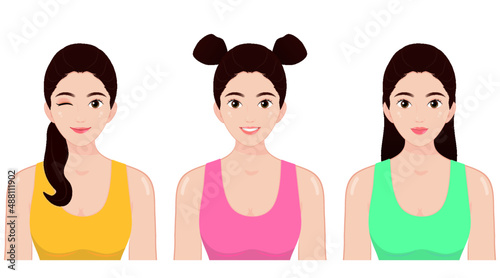 Beauty portrait of three young asian women black hair light skin young woman face body make up skin care beauty concept