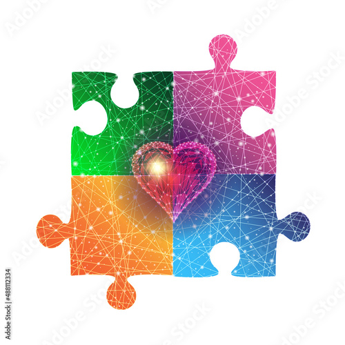 Autism awareness vector illustration. Glowing colorful puzzle pieces and heart 