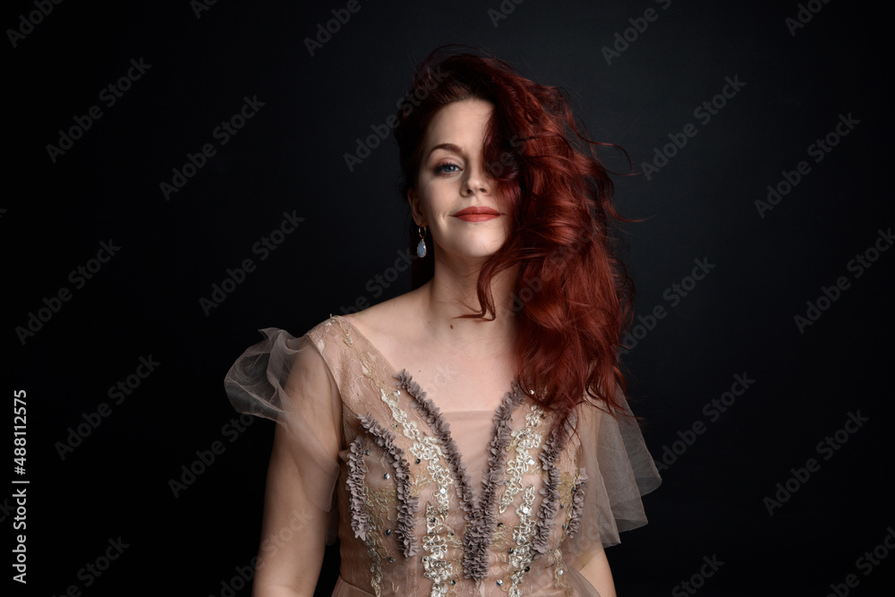 portrait of pretty female model with red hair wearing glamorous fantasy tulle gown and crown. Posing with a moody dark background. portrait of pretty female model with red hair wearing glamorous fantasy tulle gown and crown. Posing with a moody dark background.