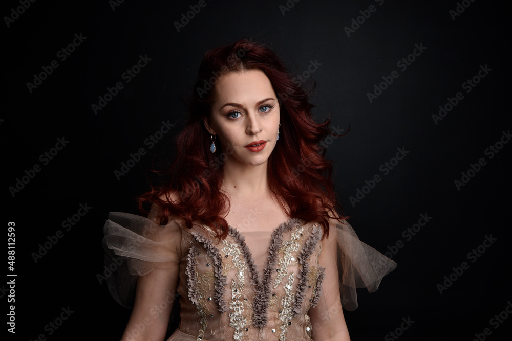 portrait of pretty female model with red hair wearing glamorous fantasy tulle gown and crown.  Posing with a moody dark background.