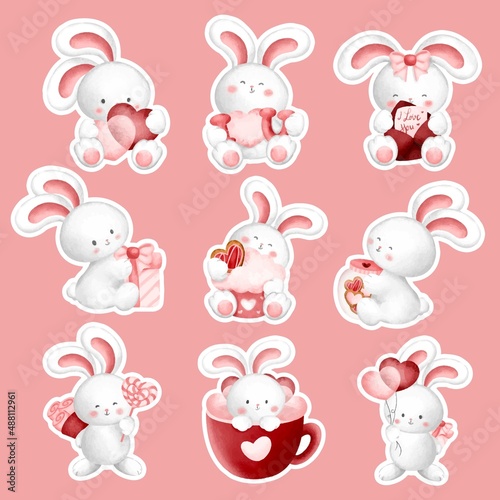 Watercolor white rabbit sticker set