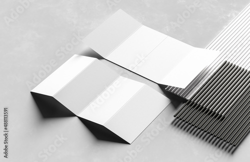 Four folded brochure mock up isolated on white background with modern elements. 3D illustration. photo