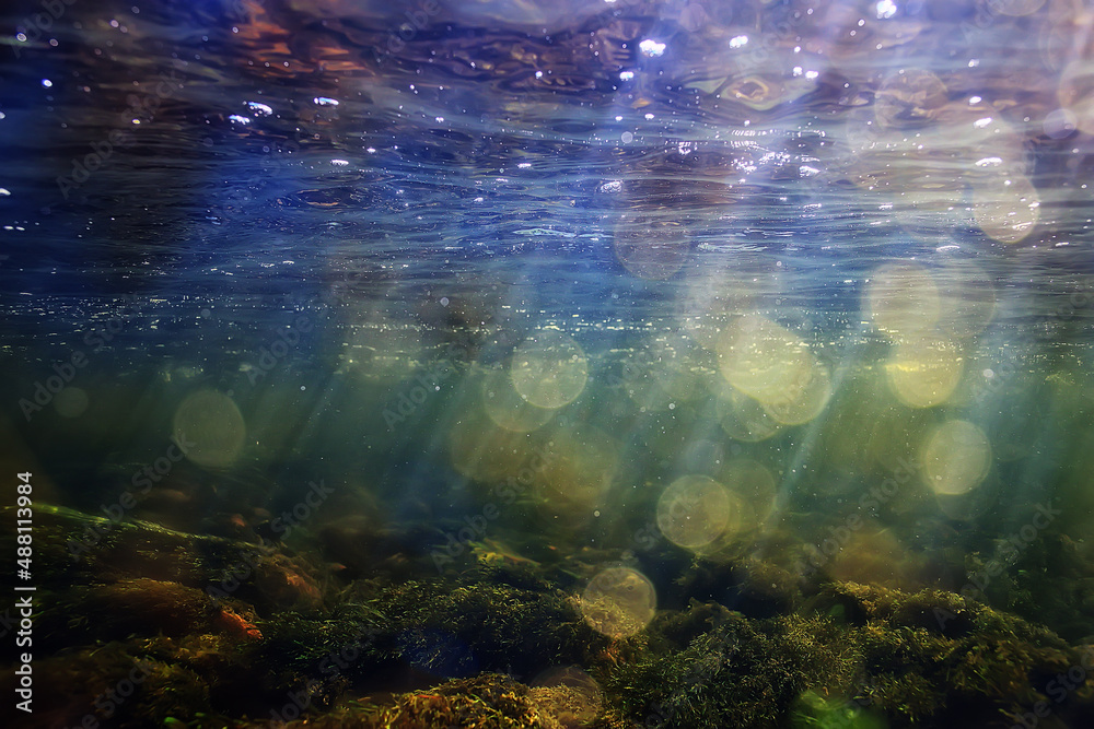 Obraz premium sun rays under water landscape, seascape fresh water river diving