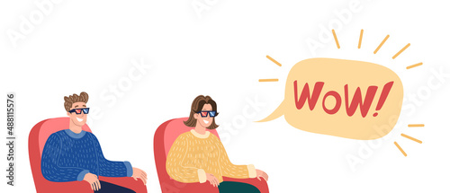 Vector cartoon illustration of couple watching movie in cinema theater in 3d glasses. Movie in stereo glasses. Looking, Movie Hall. Cinema Advertising. Horizontal banner