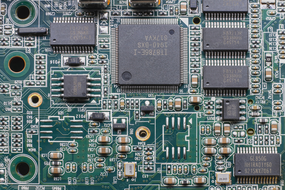 Details of electronic board. Close-up of electronic circuit board with SMD components, microcircuits and chips Details of electronic board. Close-up of electronic circuit board with SMD components, microcircuits and chips