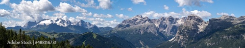 Amazing aerial landscape at the Dolomites. View on Sella group and Marmolada. Alta Badia, Sud Tirol, Italy