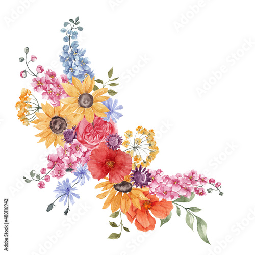 Watercolor bouquet with sunny flowers  wildflowers and herbs  isolated on white background