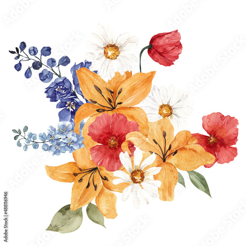 Fototapeta Naklejka Na Ścianę i Meble -  Watercolor bouquet with sunny flowers, wildflowers and herbs, isolated on white background