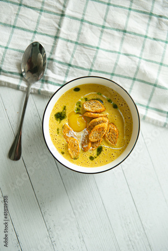 syon cream soup with croutons photo