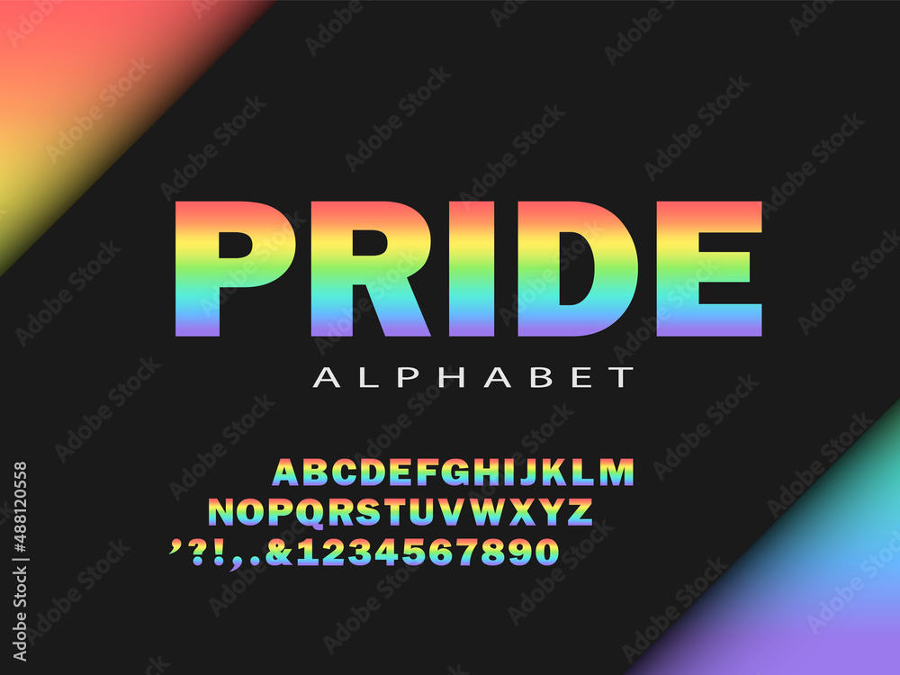 Obraz premium Rainbow gradient alphabet. Colors of the LGBT community. Vector font. Best for print, polygraphy, cards, stickers and web design.