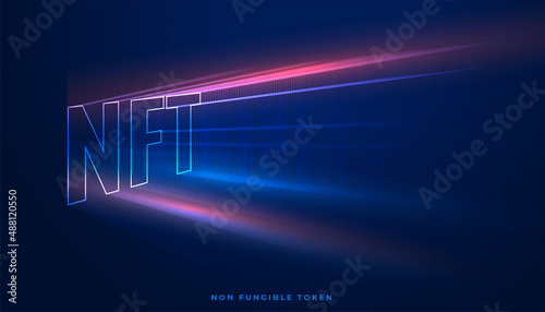 NFT non-fungible token text with light rays coming out