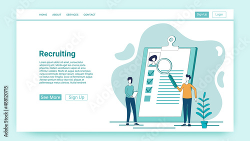 Recruiting.Recruitment, search for new personnel.Specialists study the applicants' questionnaires.An illustration in the style of a green landing page.