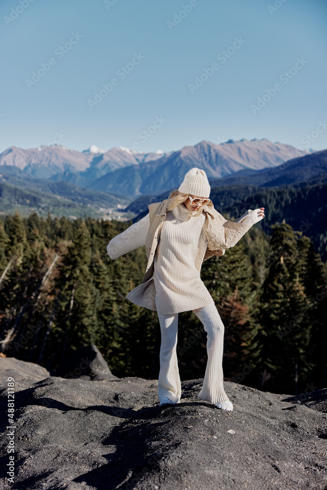 young woman fashion clothes mountains landscape nature landscape