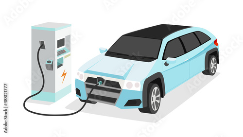 Electric Vehicle suv or ev-car charging parking at the charger station with a plug in cable.  Charging in the front of car to battery. Isolated flat vector illustration on white background.