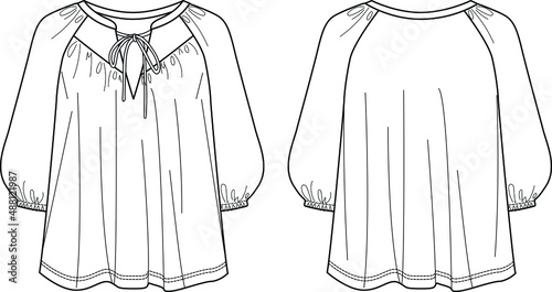 Woman round neck blouse with gathering detail fashion CAD, long balloon sleeved top with bow sketch, technical drawing, flat, template. Jersey or woven fabric blouse with front, back view, white color
