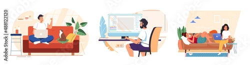 People working or studying remotely in comfortable conditions set vector flat illustration. Freelance people with laptops at home. Work or education online. Man and woman self employed concept.