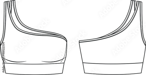 Vector asymmetric strapless bra technical drawing, women crop top with shoulder straps and binding detail fashion CAD, template, sketch, flat. Jersey fabric t shirt with front, back view, white color