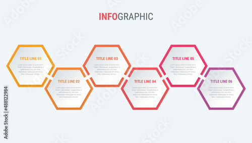 Red diagram, infographic template. Timeline with 6 steps. Honeycomb  workflow process for business. Vector design.  © Vermicule design