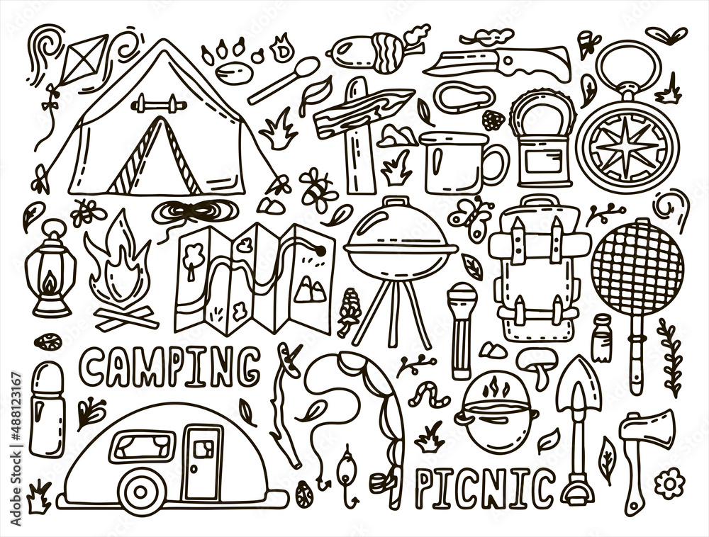 Big Doodle vector camping set. Sketch hiking Icons.Hand draw illustration for summer picnic in nature. Camping equipment