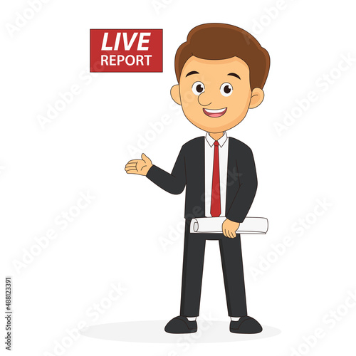 News presenter, male newsreader or newscaster broadcasting.
