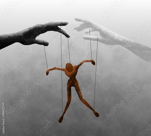 Obraz na plátně Hands manipulating wooden string puppet