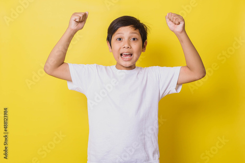 Cheerful little boy with expression celebrating victory raising both hands isolated on yellow background 