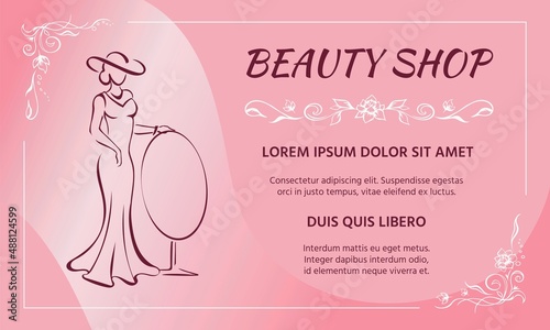 Elegant lady in long dress and broad-brim with a mirror. Floral frame. Sketch. Flyer, card design template