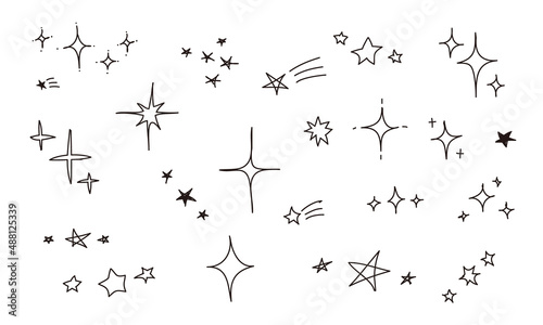 キラキラと星のかわいい手描きイラストアイコンのセット（モノクロ）