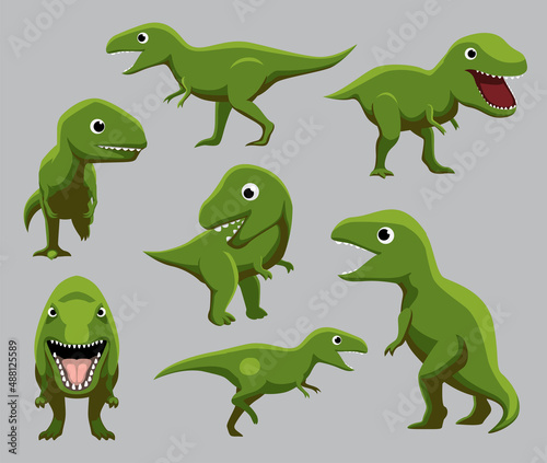 Cartoon Dinosaur T-Rex Tyrannosoraus Cute Various Poses Cartoon Vector Illustration