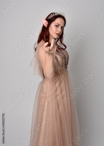 portrait of pretty female model with red hair wearing glamorous fantasy tulle gown and crown. Posing with gestural arms on a studio background