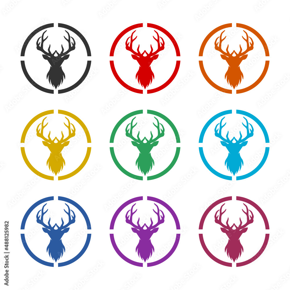 Hunt on deer with crosshairs icon or logo, color set Hunt on deer with crosshairs icon or logo, color set