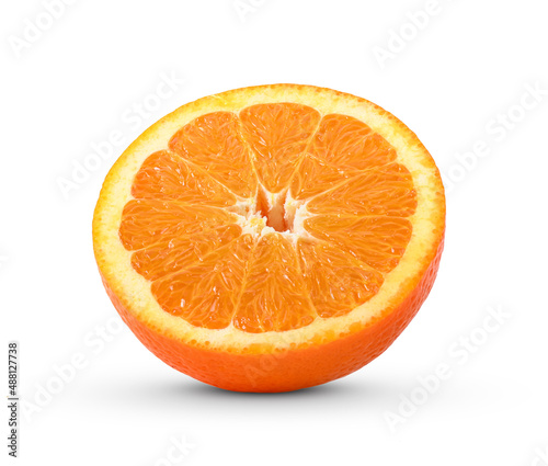 Orange fruit cut in half on white background.