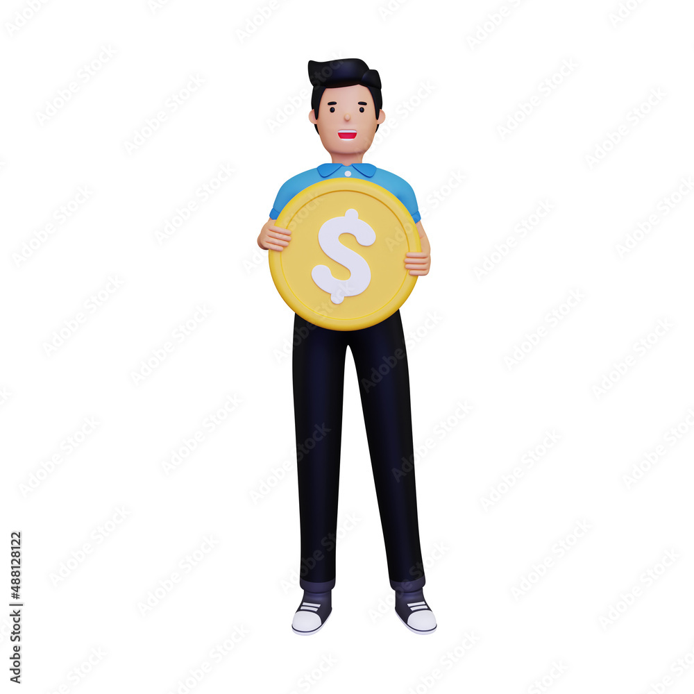 Man holding gold coin. isolated on a white background. 3d illustration Man holding gold coin. isolated on a white background. 3d illustration
