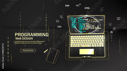 Software, web development, programming concept. Abstract programming language and program code on a laptop screen. Web development, coding, and programming. Vector illustration.