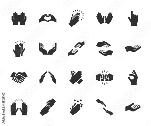 Vector set of hands flat icons. Contains icons applause, handshake, high five, helping hand, little bit, hand washing and more. Pixel perfect.