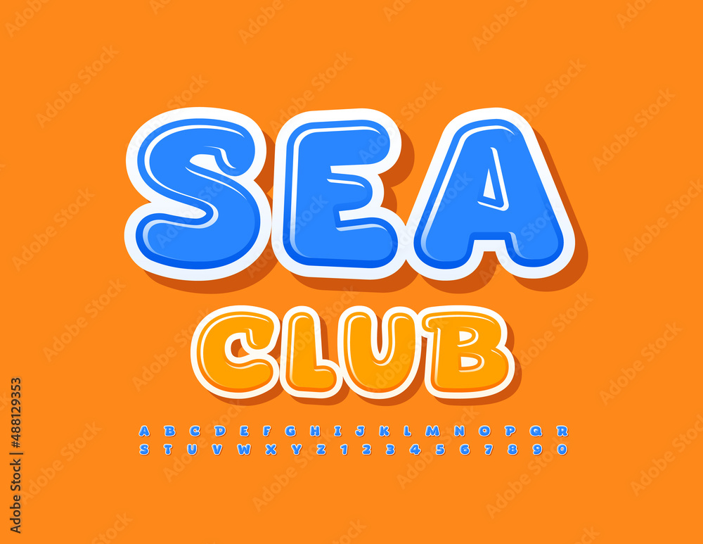 Vector creative Poster Sea Club. Bright Glossy Font. Blue Alphabet Letters and Numbers set. Vector creative Poster Sea Club. Bright Glossy Font. Blue Alphabet Letters and Numbers set.