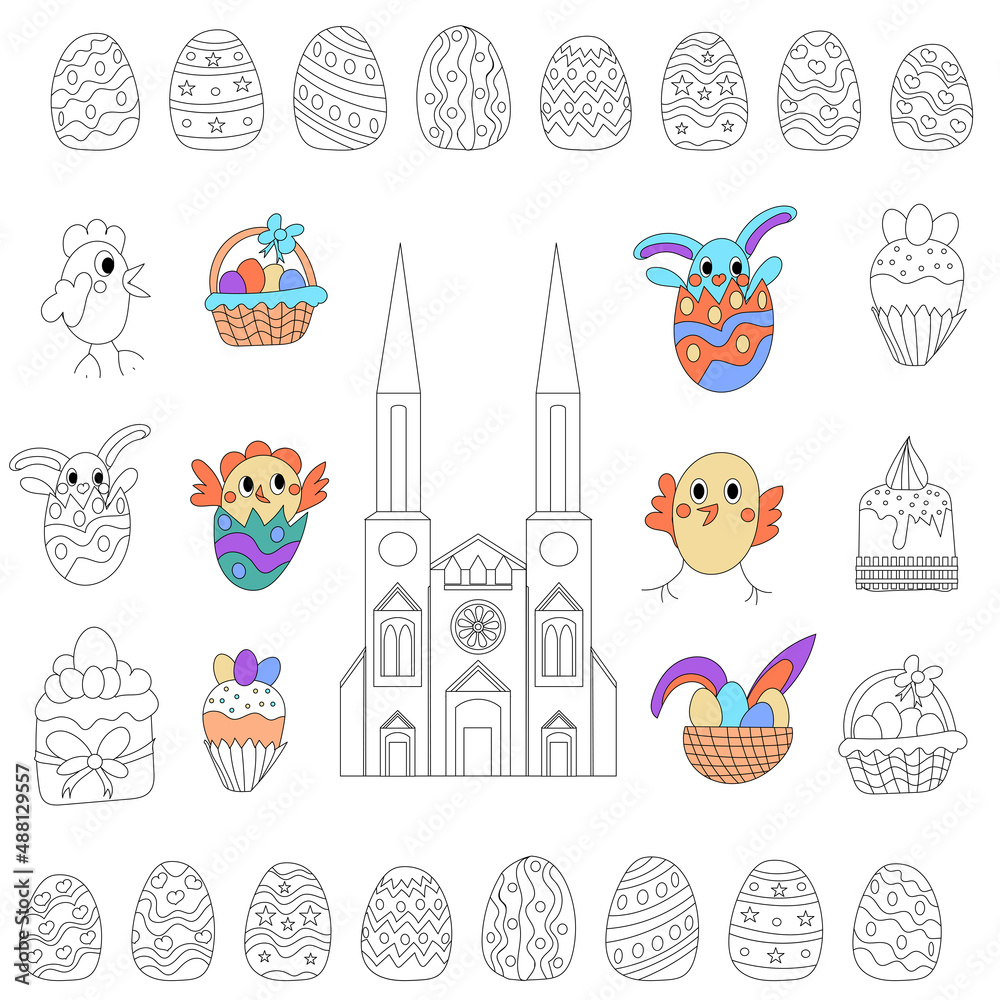 Happy Easter. Black and White Doodle  chicken, Church, spring flowers, basket with eggs,  Easter cake and painted  eggs. Coloring book for adults for relax and meditation. Vector isolated elements