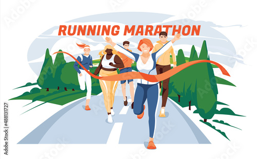 Different people characters run to finish the marathon distance. Summer, spring, field and trees. The concept of a healthy lifestyle. Various races and big size athletes. Flat, cartoon vector.
