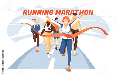 Different people characters run to finish the marathon distance. The concept of a healthy lifestyle. Various races and big size athletes. Flat, cartoon vector.