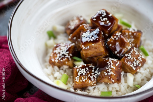 Close-up of fried tofu cubes in teriyaki sauce served over white rice, selective focus