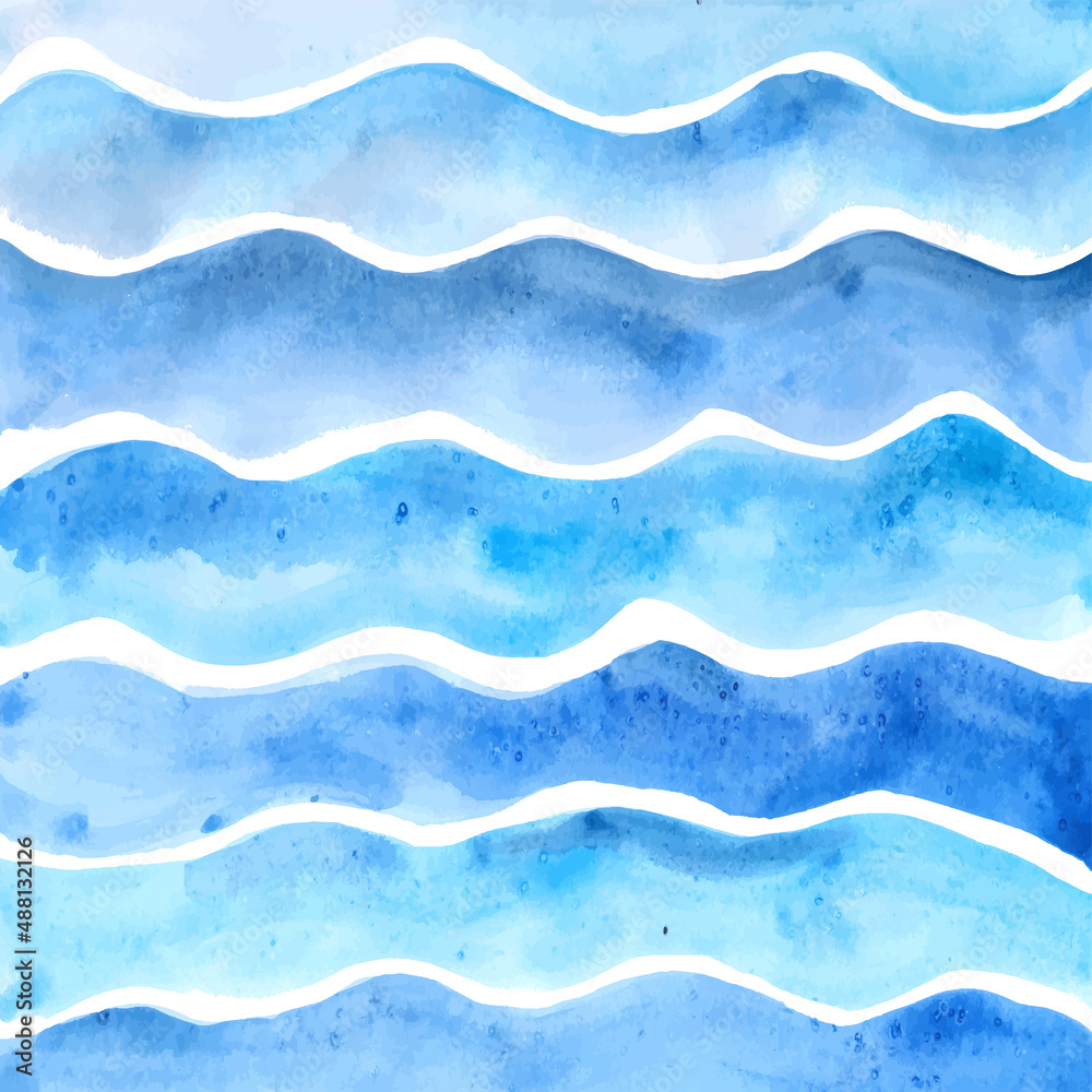 Fototapeta premium Blue and turquoise watercolor wavy lines pattern on a white background. Abstract ocean print. Hand-drawn waves background. Horizontal wave illustration. Teal backdrop. Wallpaper.