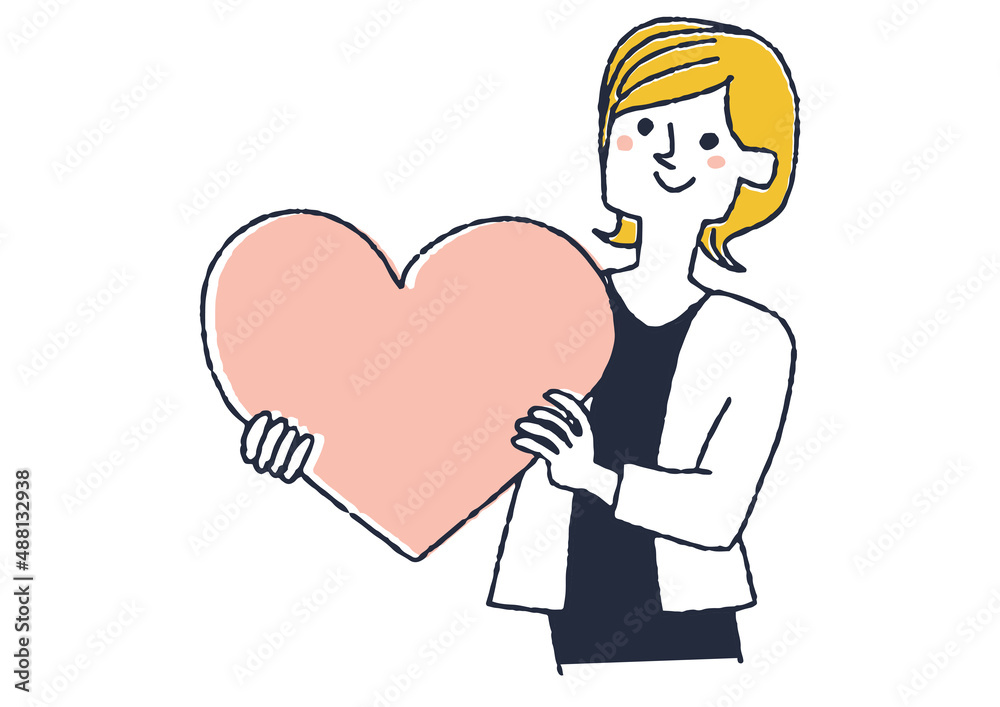 大きなハートを手に持つ女性　愛を共有する人々のコンセプトアート　コミカルな手書きの人物
