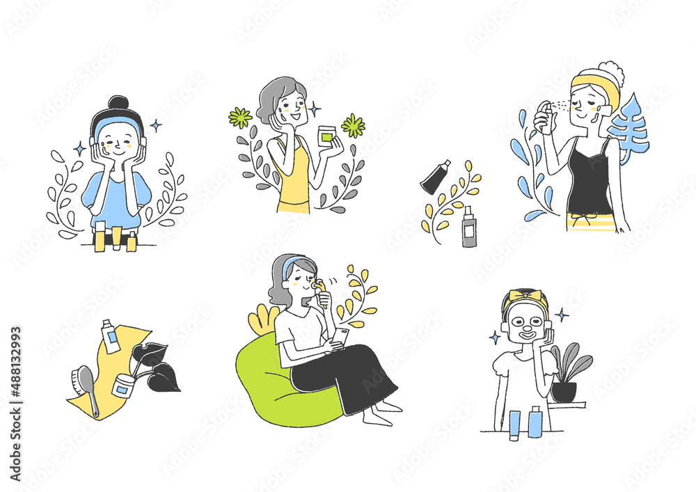 美容に関するコンセプトアート　オーガニックな化粧品　コミカルな手書きの人物