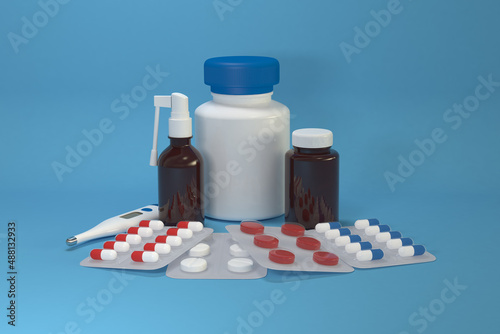 Composition of pills and medicine jars. 3D rendering. 