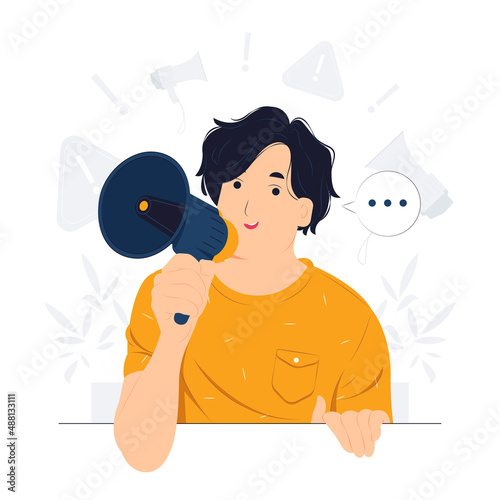 Man shouting and doing announcement in megaphone concept illustration